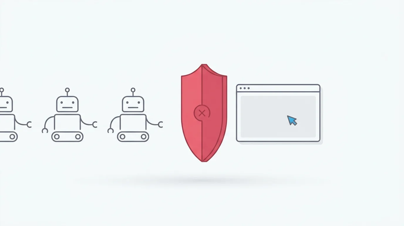 Three AI crawler robots blocked by a red shield from reaching a website, illustrating Cloudflare's default AI bot blocking.