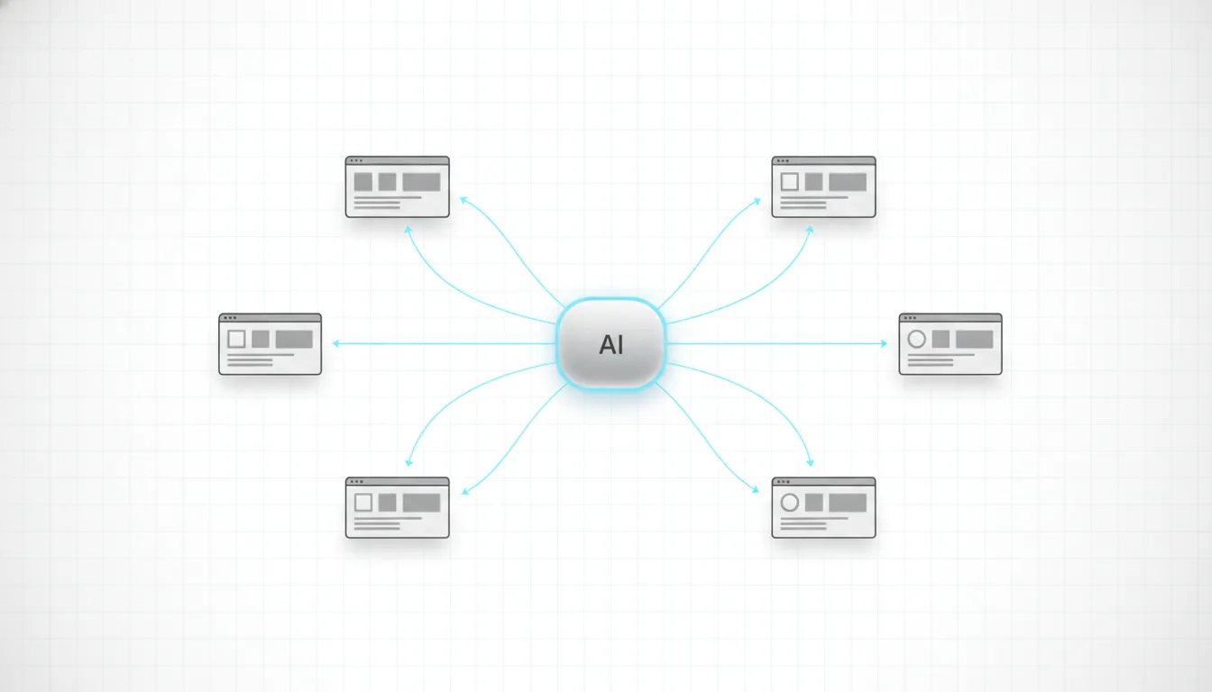 A diagram of an AI model retrieving content from the web and a brand's site before writing an answer, illustrating discoverability.